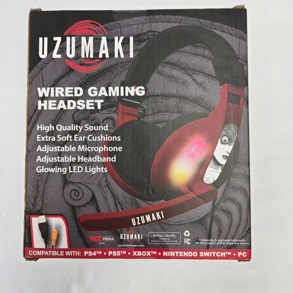 Uzumaki Wired Gaming Headset LED Lights Fold Down Mic PS4 PS5 Xbox Switch PC
